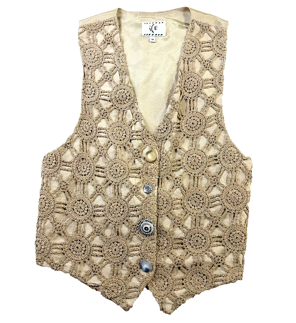 Vintage 90s ICE Crochet Lace Silk Vest Tan Beige Button Front Women's M